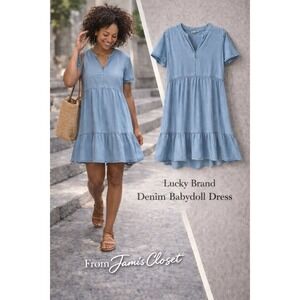 Lucky Brand Chambray Denim Babydoll Dress | Short Sleeve Tiered | Size M